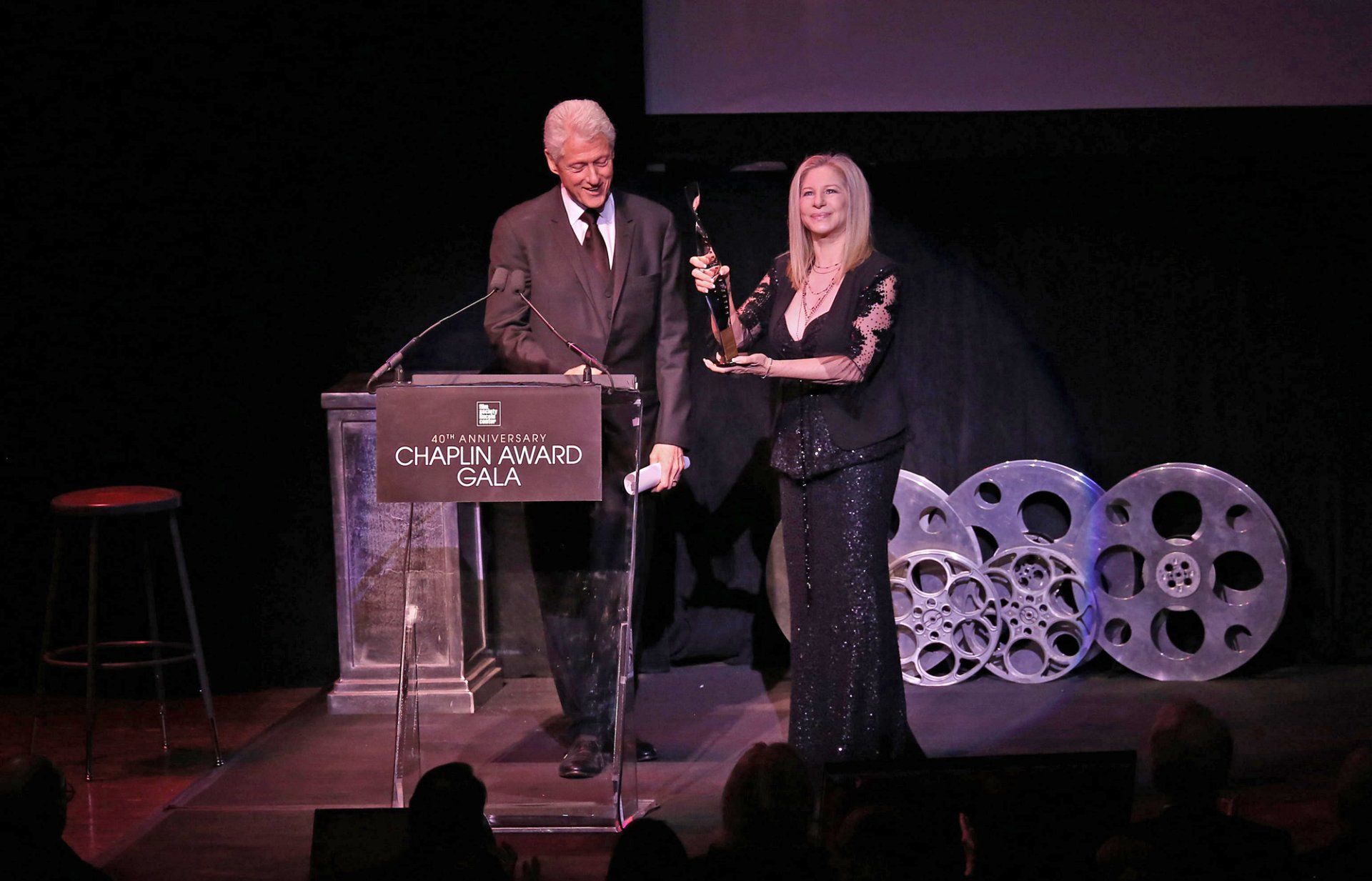 Bill Clinton & Barbra Streisand during the Presentation for the 40th Annual Chaplin Award Gala Honoring Barbra Streisand at Avery Fisher Hall in New York City on 4/22/2013.