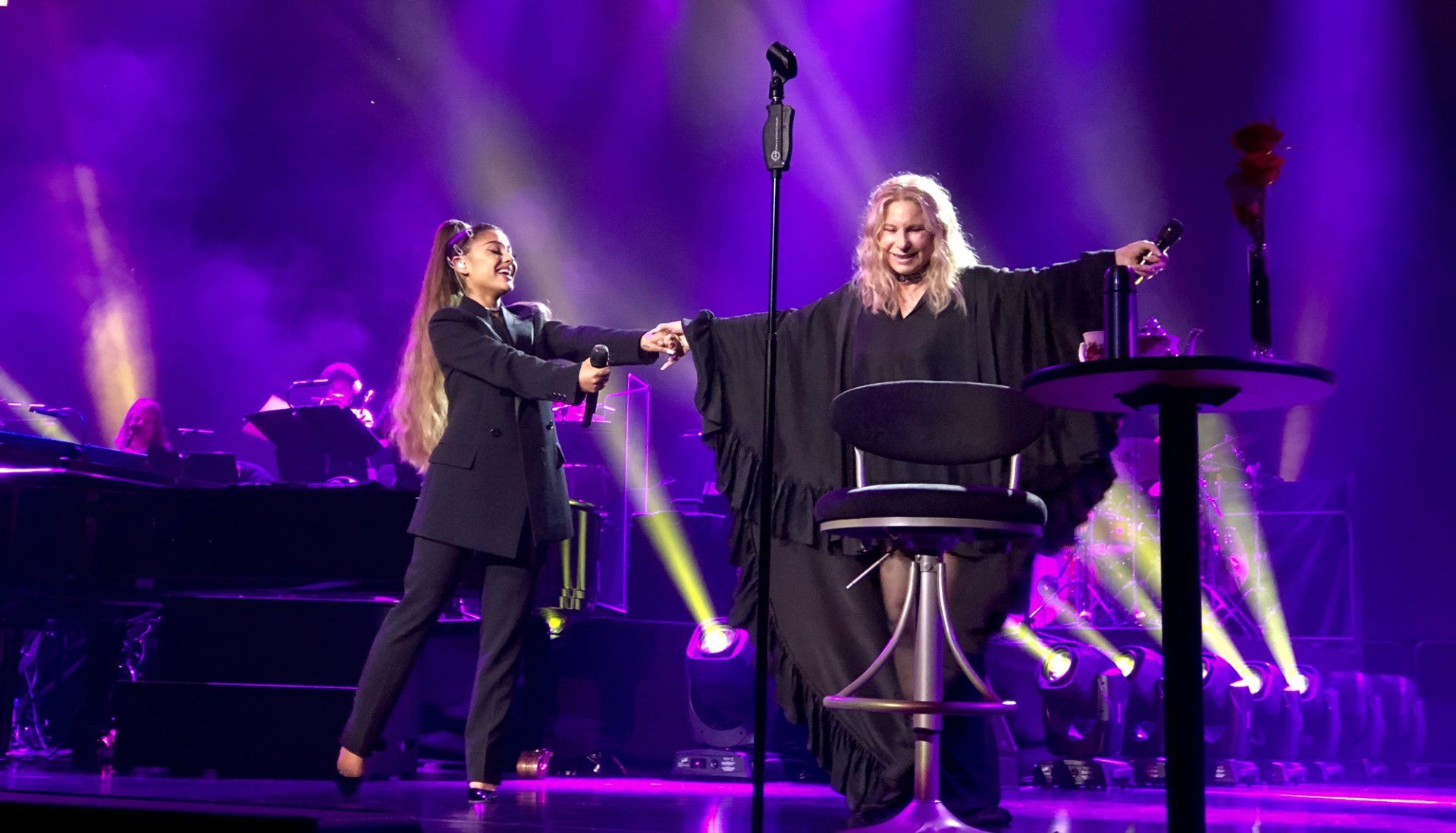 Ariana Grande and Barbra Streisand together on stage in concert in 2019 in Chicago.