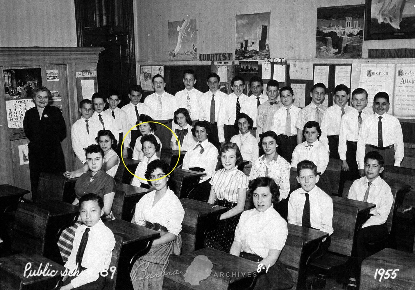 Streisand's Public School 89 class photo, 1955.