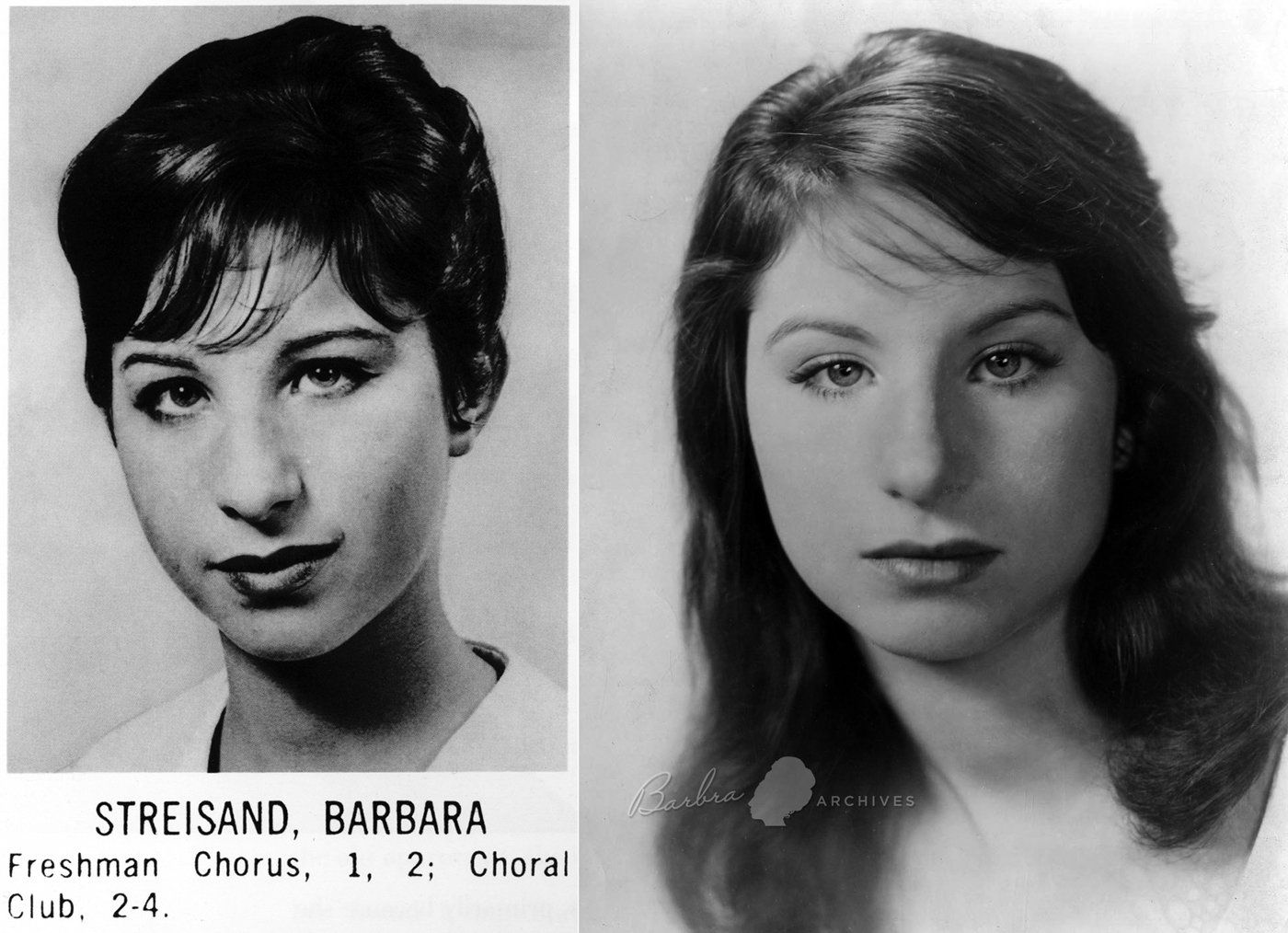 Streisand's High School yearbook photo and another photo of her as a teenager.