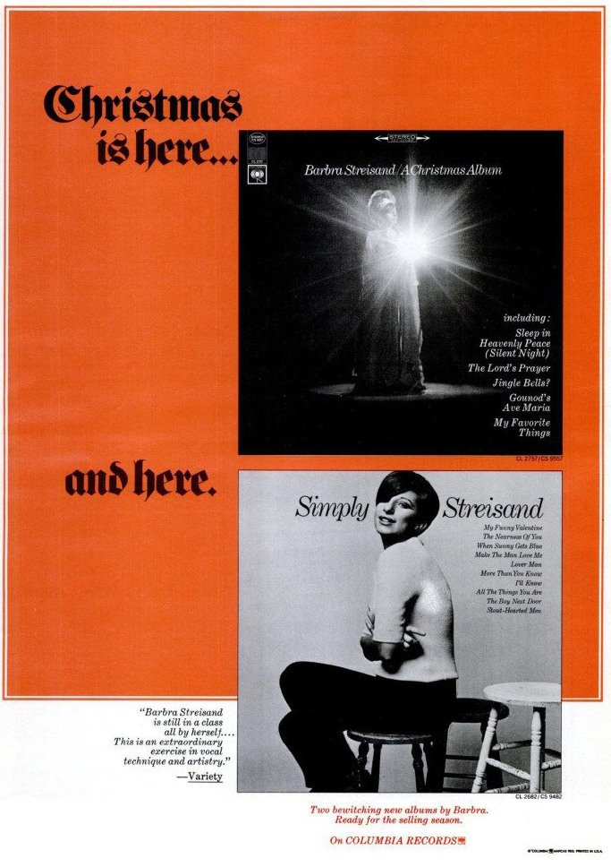 Columbia Records ad for both the Christmas Album and the Simply Streisand Album.