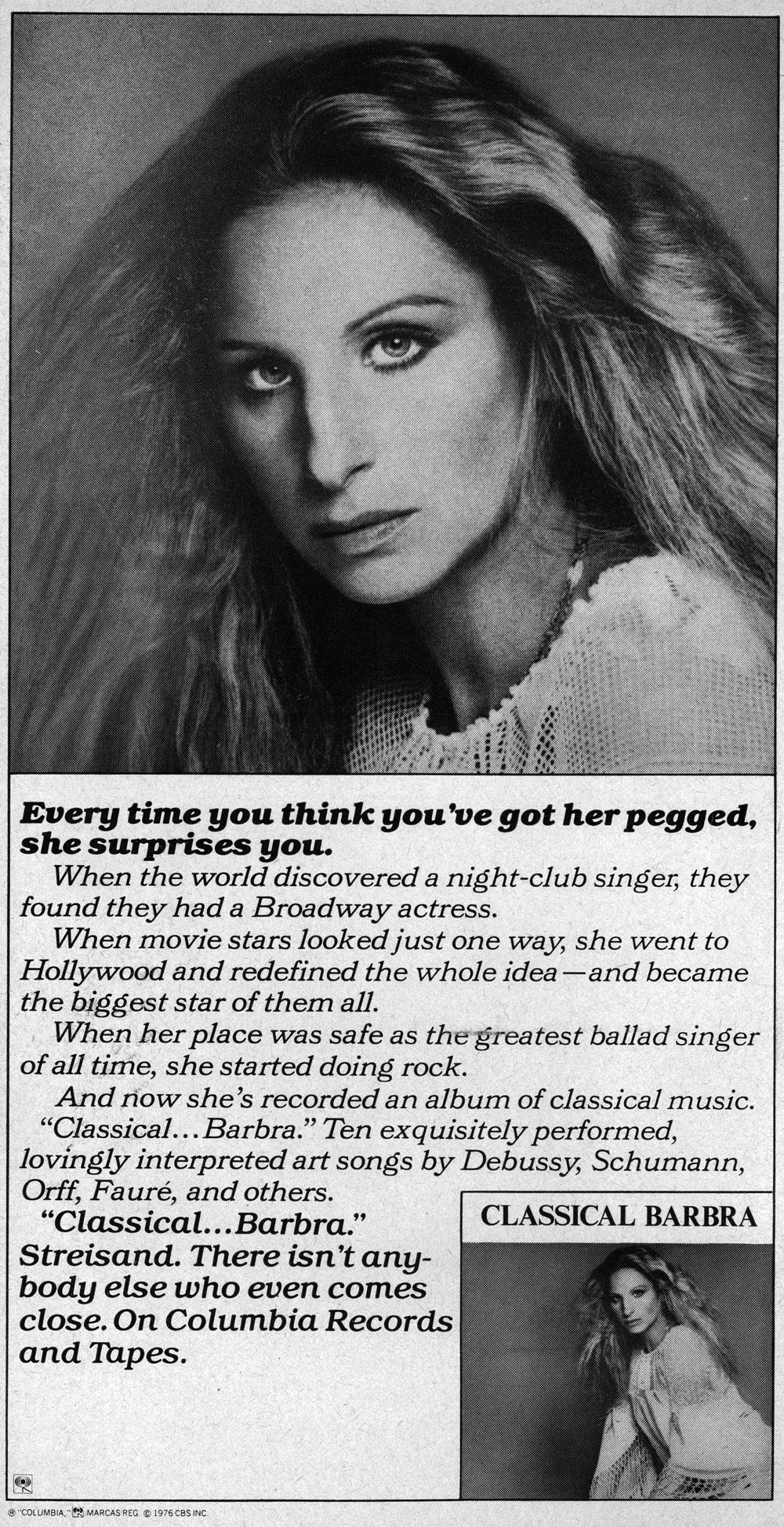 An ad for Streisand's album, Classical Barbra.