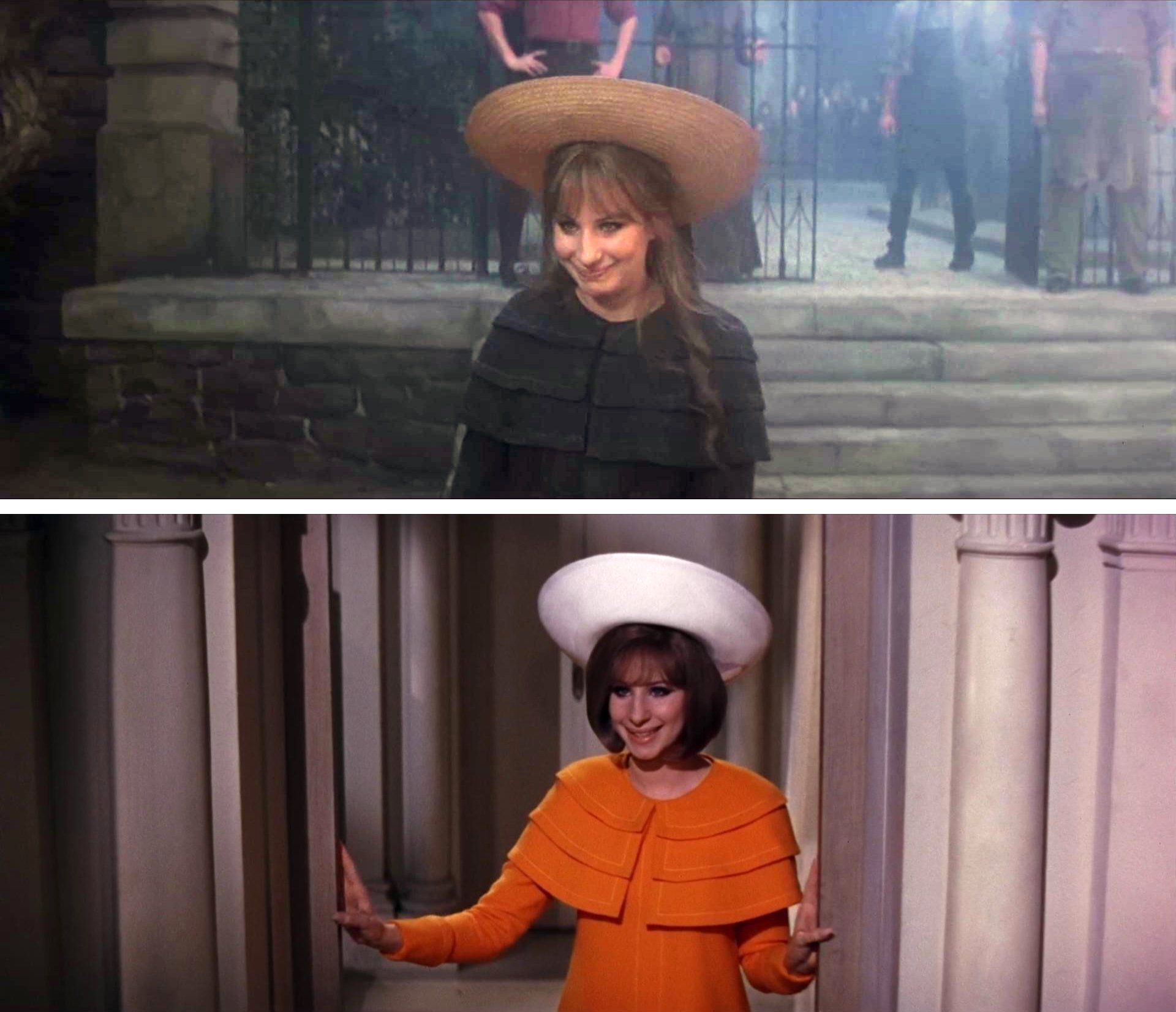 Two looks in one photo - Melinda leaving the orphanage in hat and smock, and Daisy leaving Chabot's office in hat and wrap.