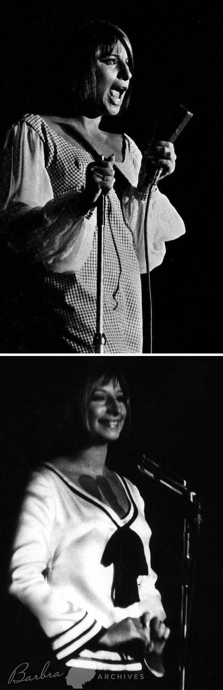 Two photos of Barbra Streisand at the microphone from the Cocoanut Grove gig.