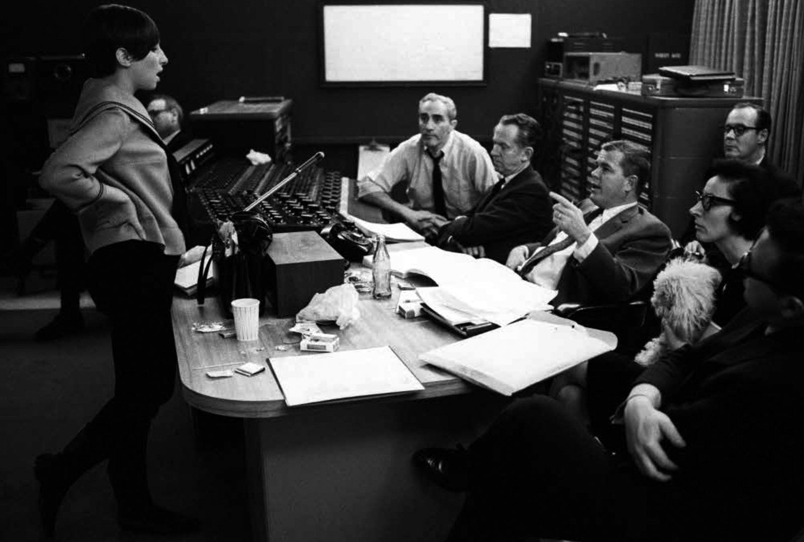 Streisand in the recording booth with creative and technical crew.  Photo by Bill Eppridge.