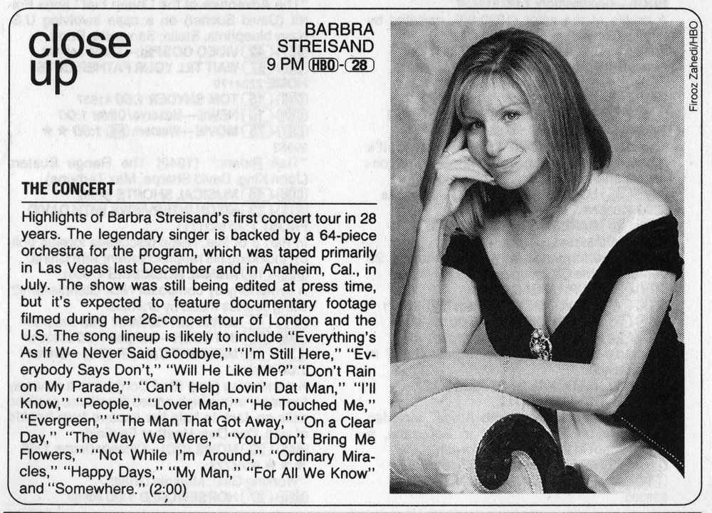 TV Guide write-up of the HBO Streisand concert.