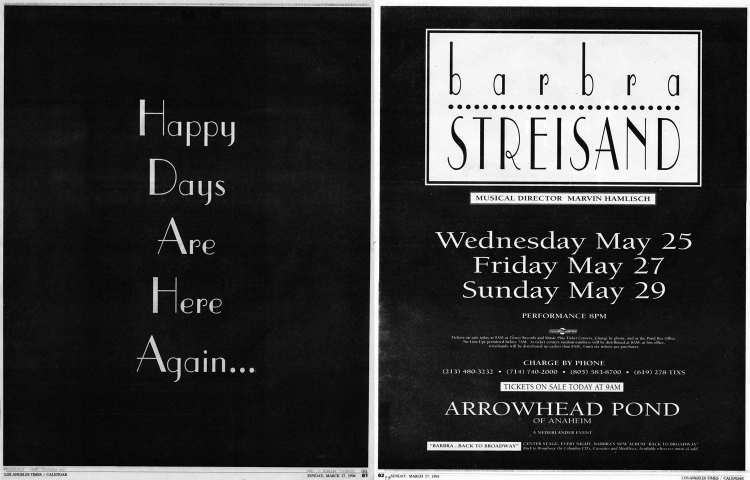 Double truck (two-page) ad for Streisand's original May concerts in Anaheim (Before she had to cancel because of laryngitis).