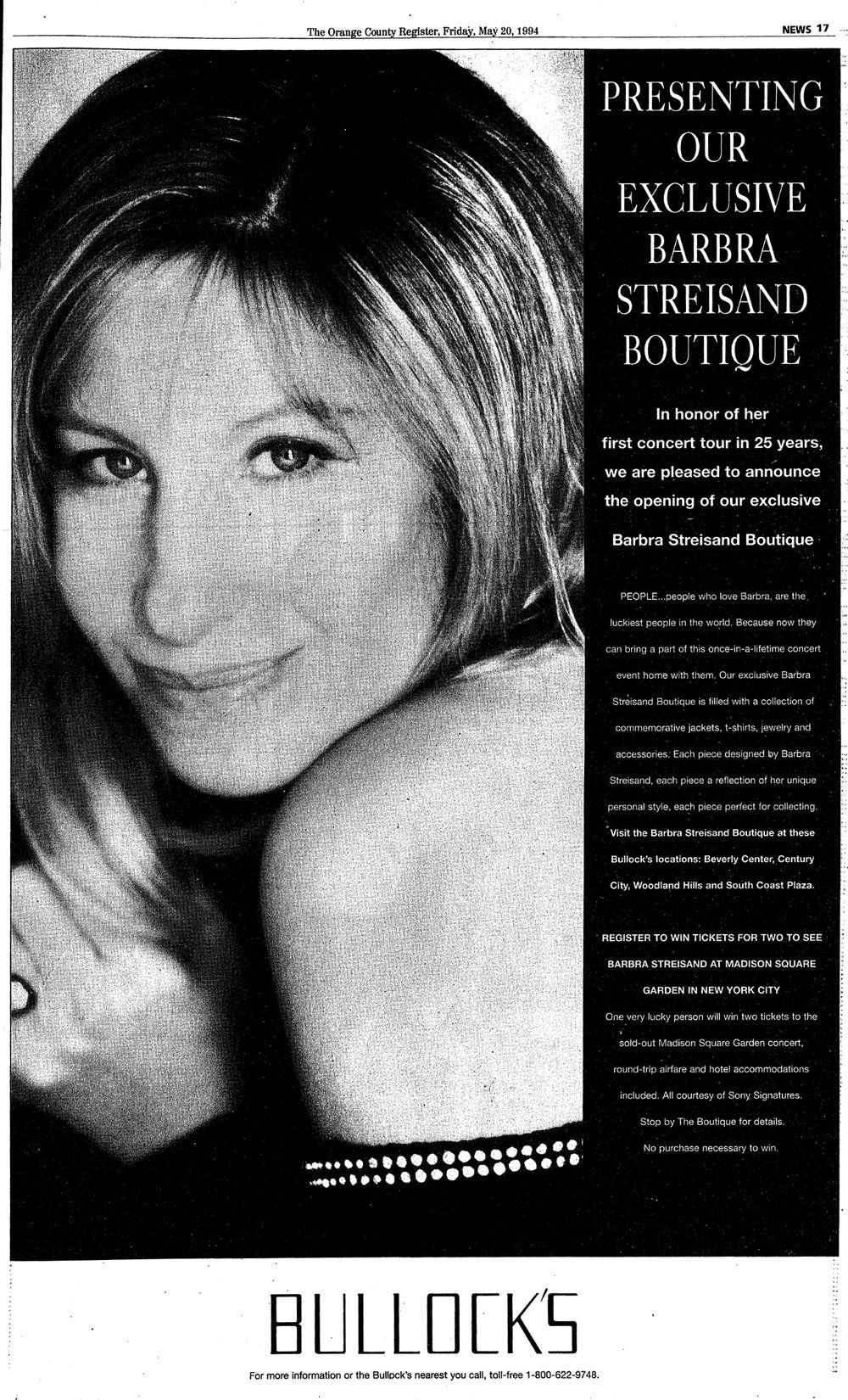 Ad for a Streisand Boutique at the department store Bullock's.