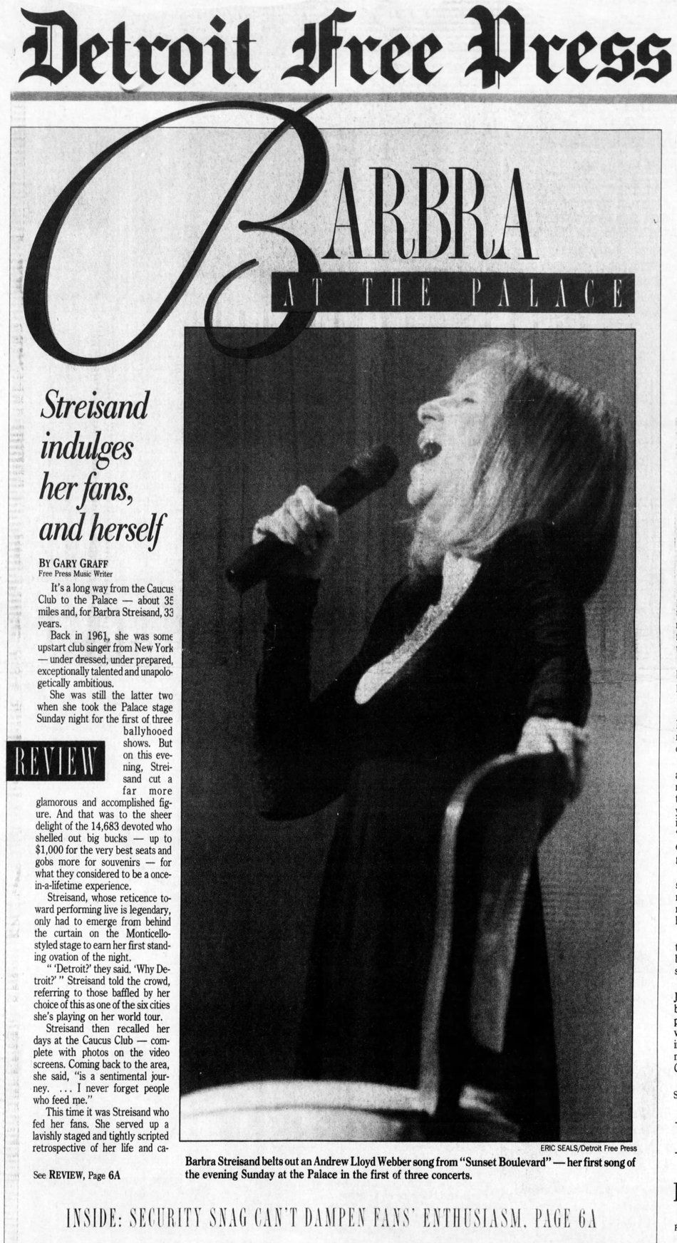 Streisand review on front cover of Detroit Free Press newspaper.