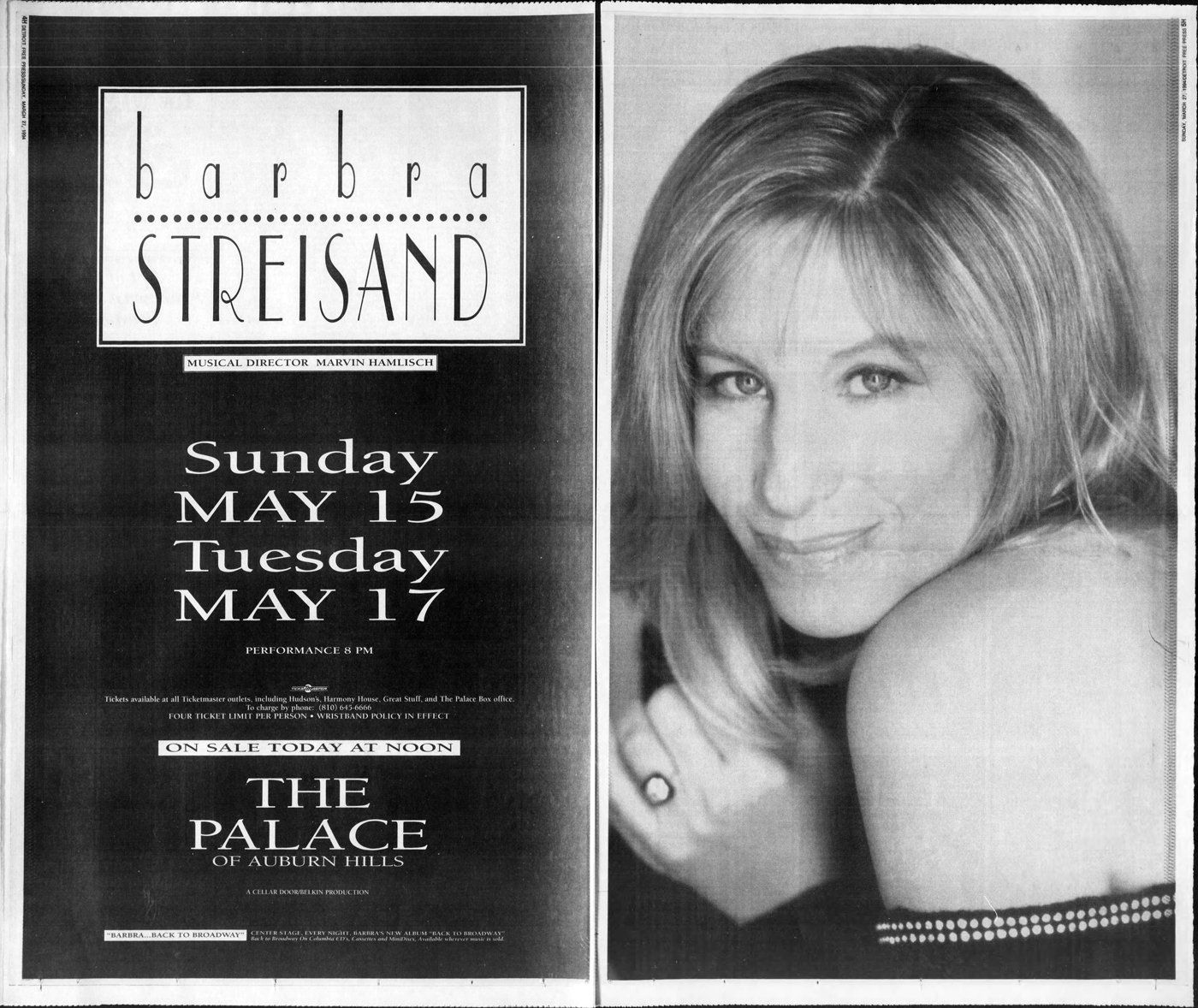 Double truck (two-page) ad for Streisand tickets at the Palace.