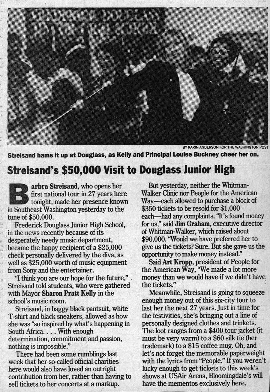 Newspaper clipping about Streisand donating $50,000 to Frederick Douglass Junior High School in Washington, DC.