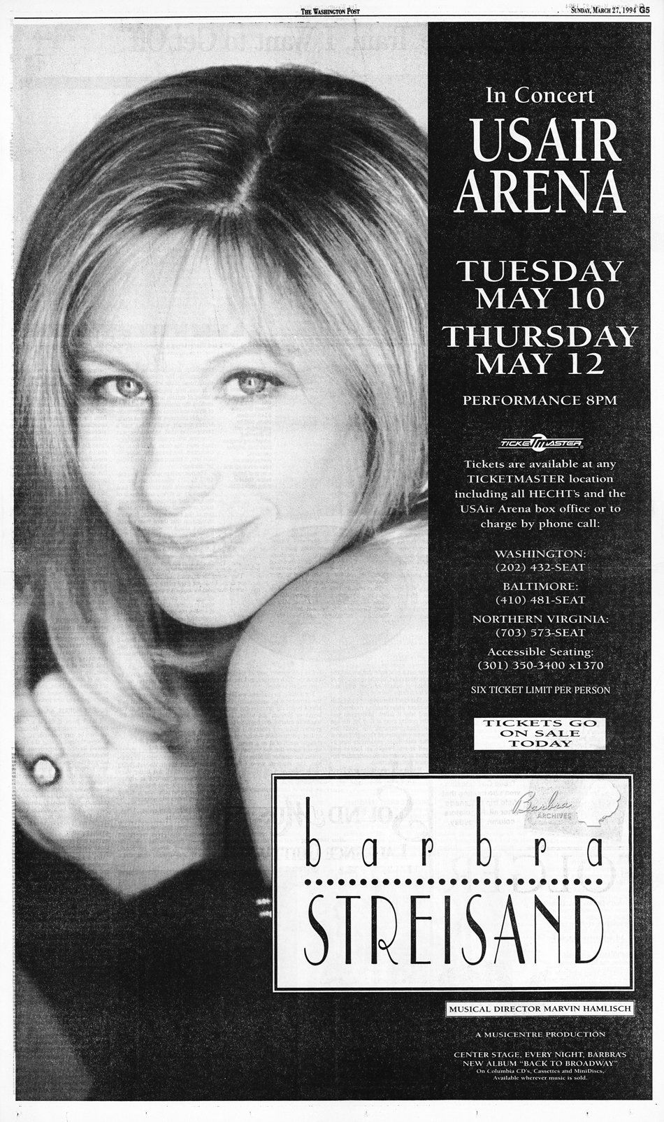 Washington Post newspaper ad for Streisand's May 1994 concerts in Landover, Maryland.