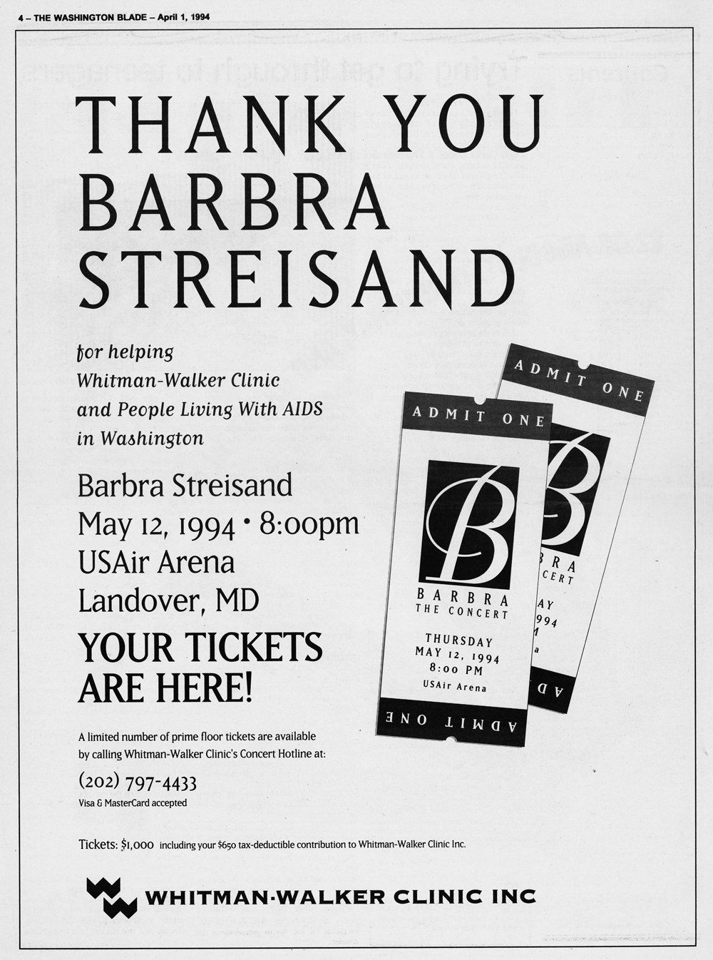 Thank you ad that ran in the Washington Blade for Streisand's fundraising concert tickets