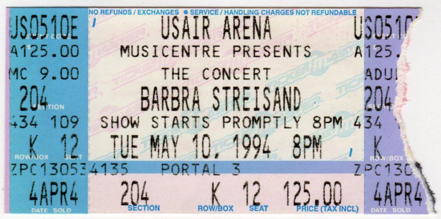 1994 Streisand USAir Arena ticket stub.