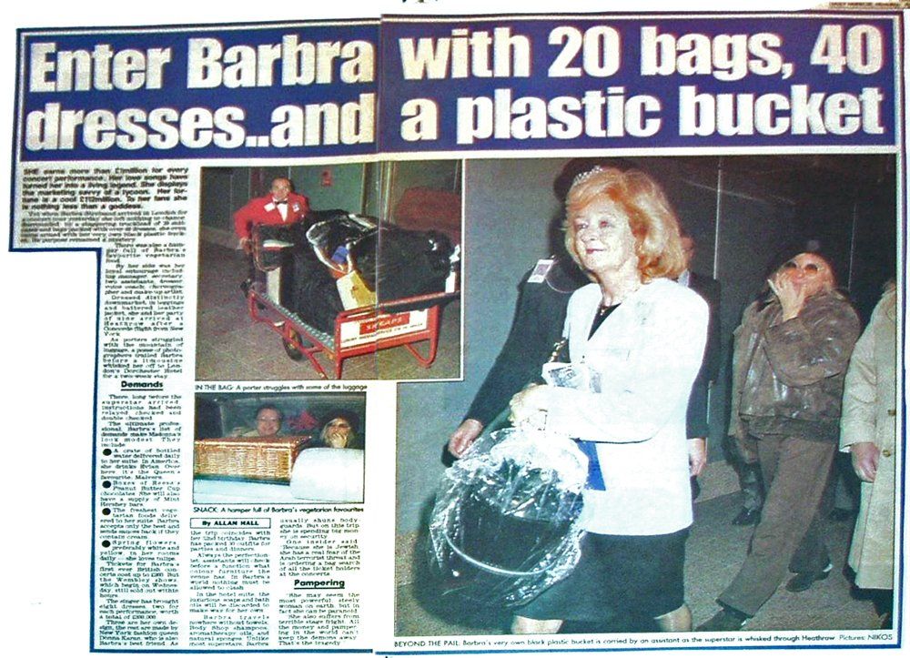 British press says Barbra brought lots of bags, dresses , and a plastic bucket!