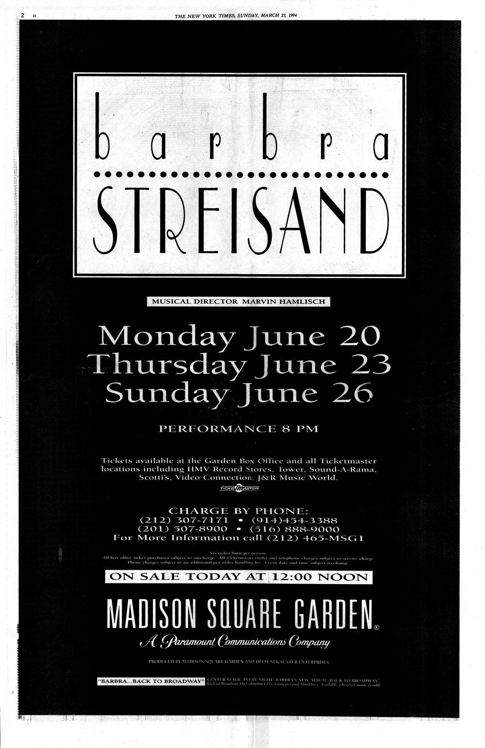 NY Times ad for Streisand's June 1994 concerts.