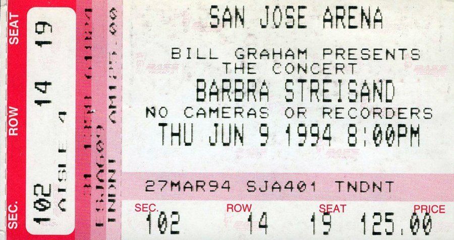 1994 Streisand San Jose Arena ticket stub.