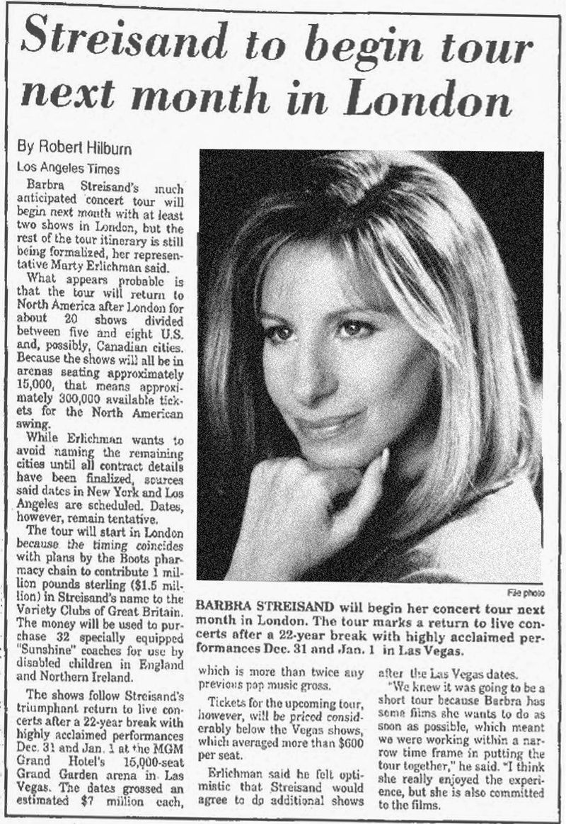 Newspaper article about Streisand's tour beginning in London.
