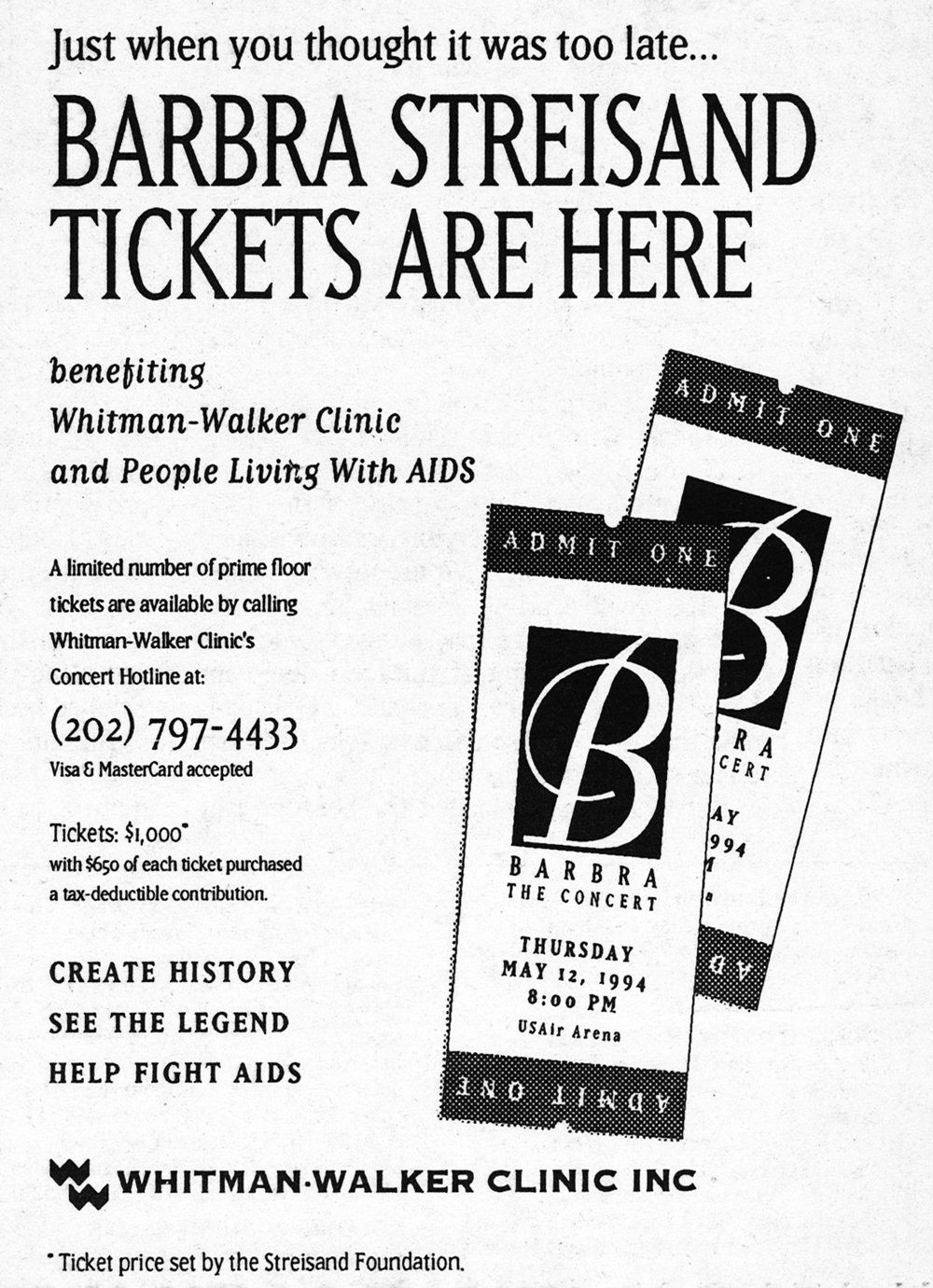 A Streisand charity tickets newspaper ad for DC's Whitman Walker Clinic