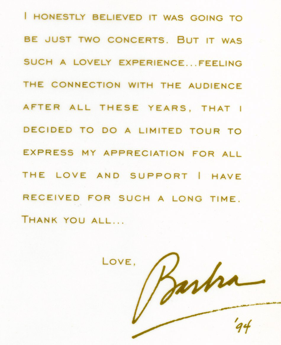 Barbra's note in the concert program about touring again.