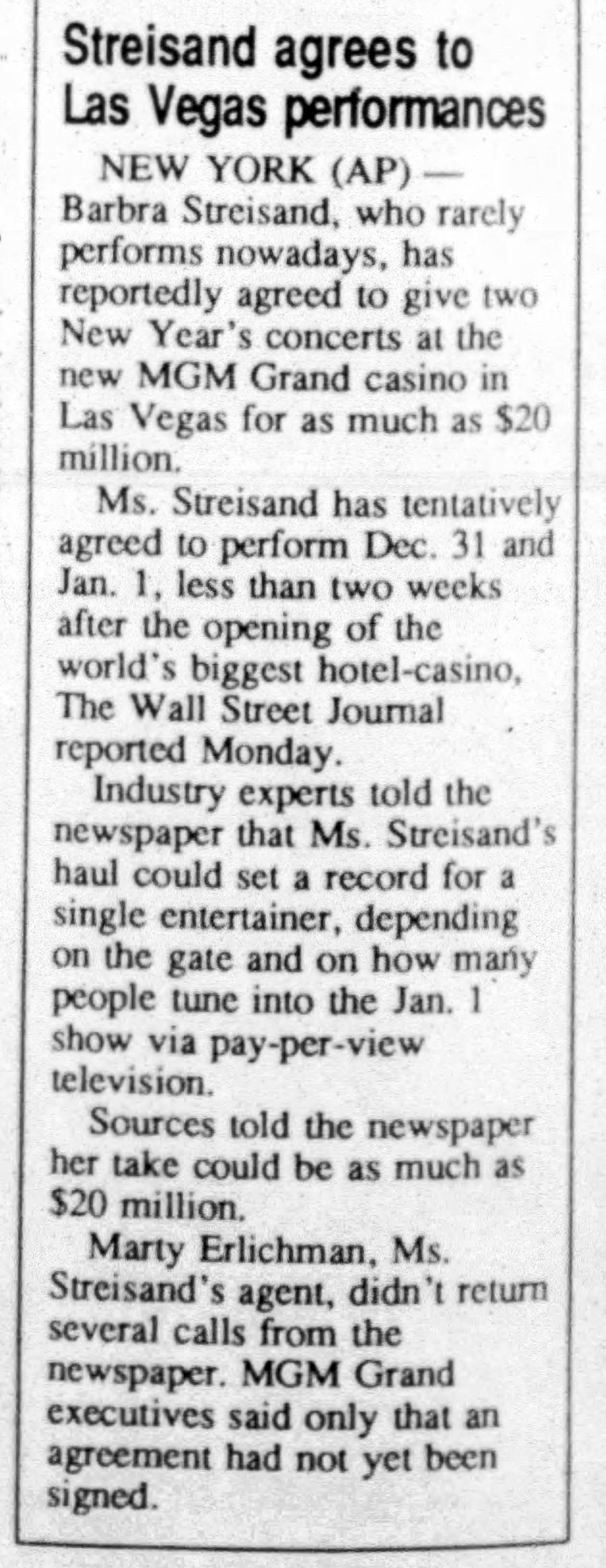Newspaper article about Streisand's Las Vegas shows.
