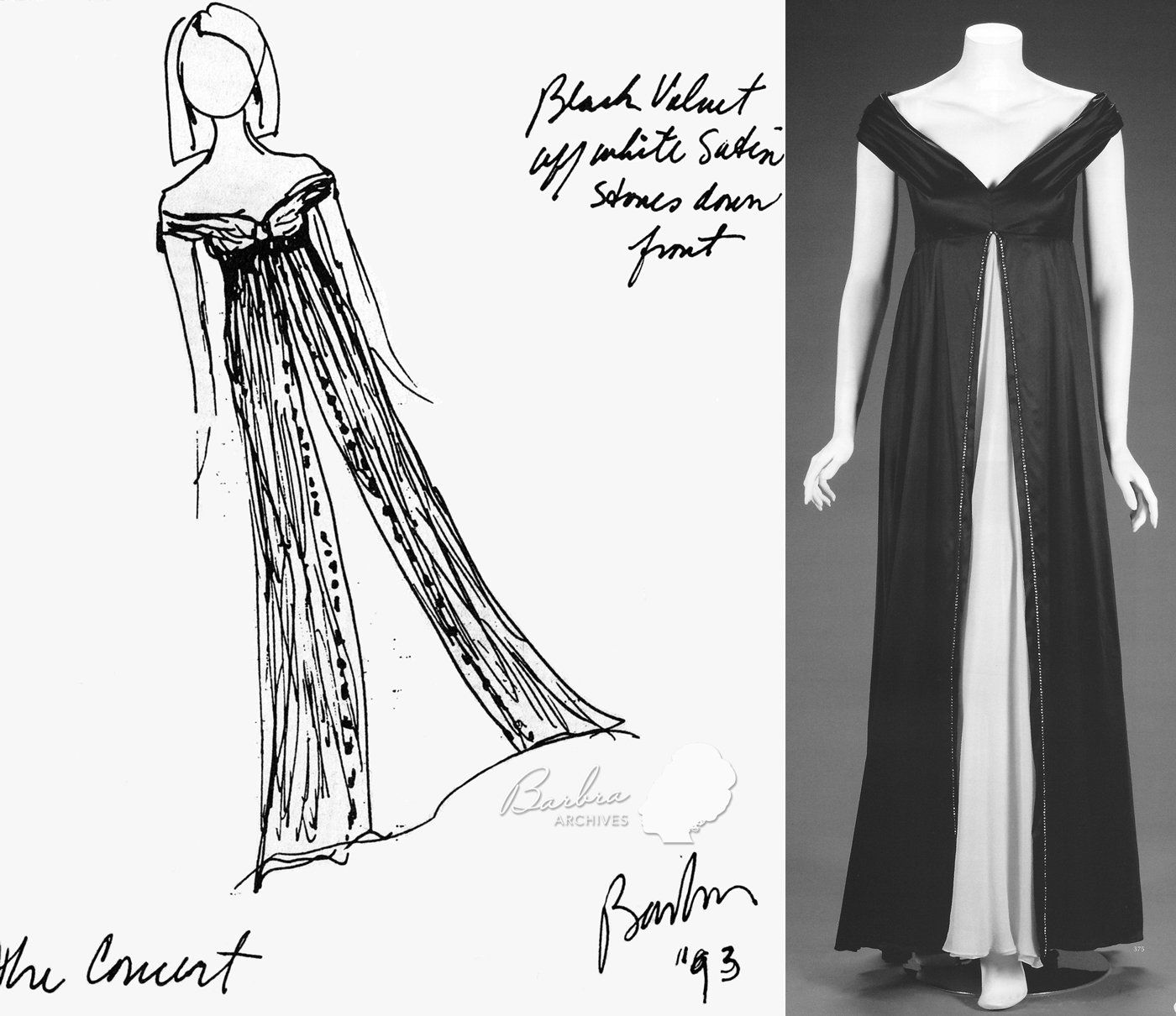 Streisand's original sketch of her MGM Grand gown, next to a photograph of the final gown she wore.