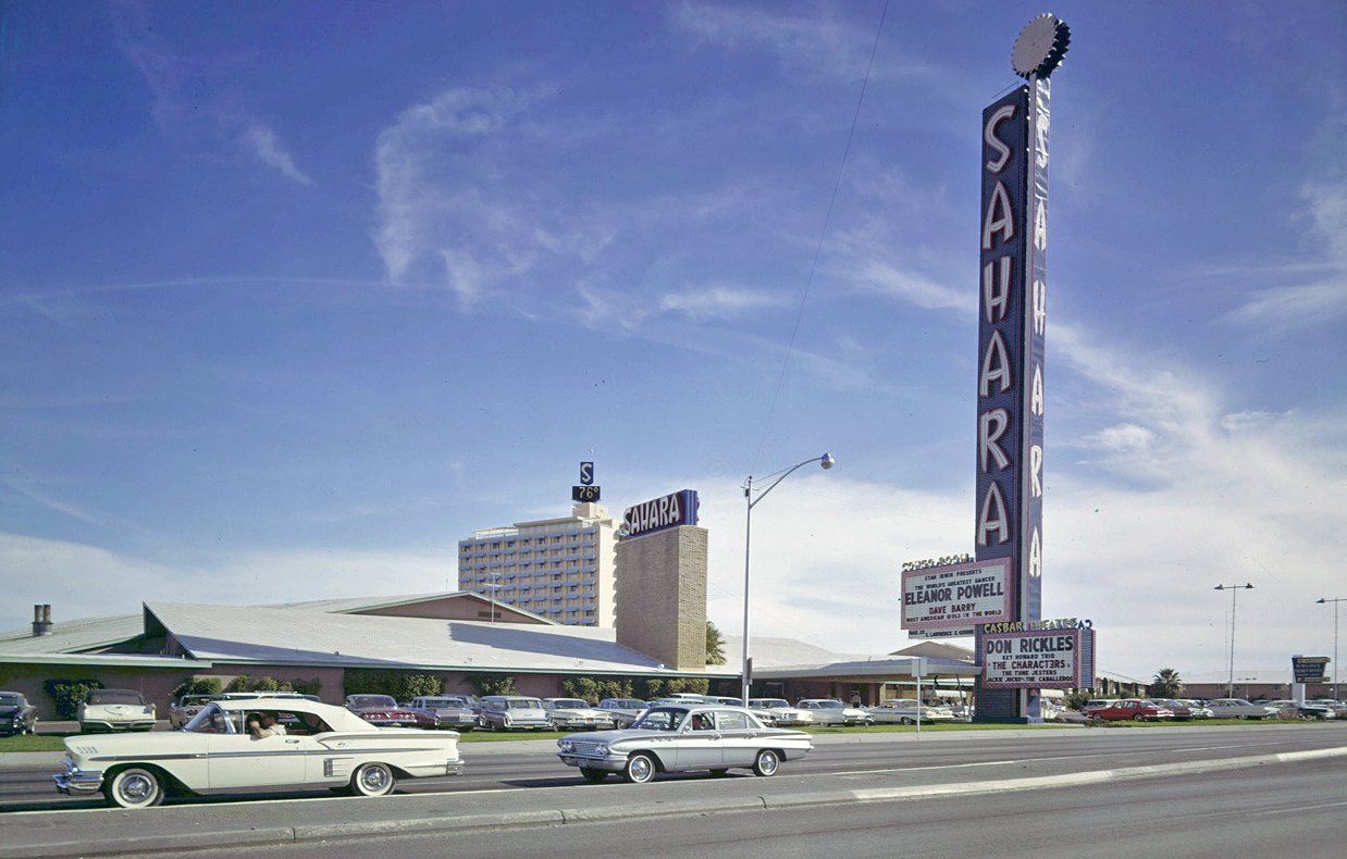 Exterior shot of the Sahara Hotel in Las Vegas in the 1960s