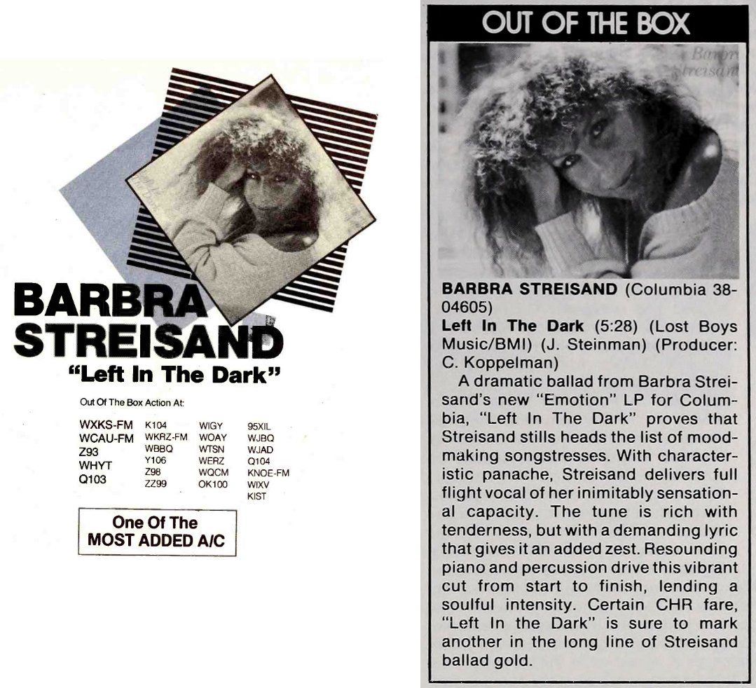 Industry ad and review for Streisand’s Left in the Dark single.