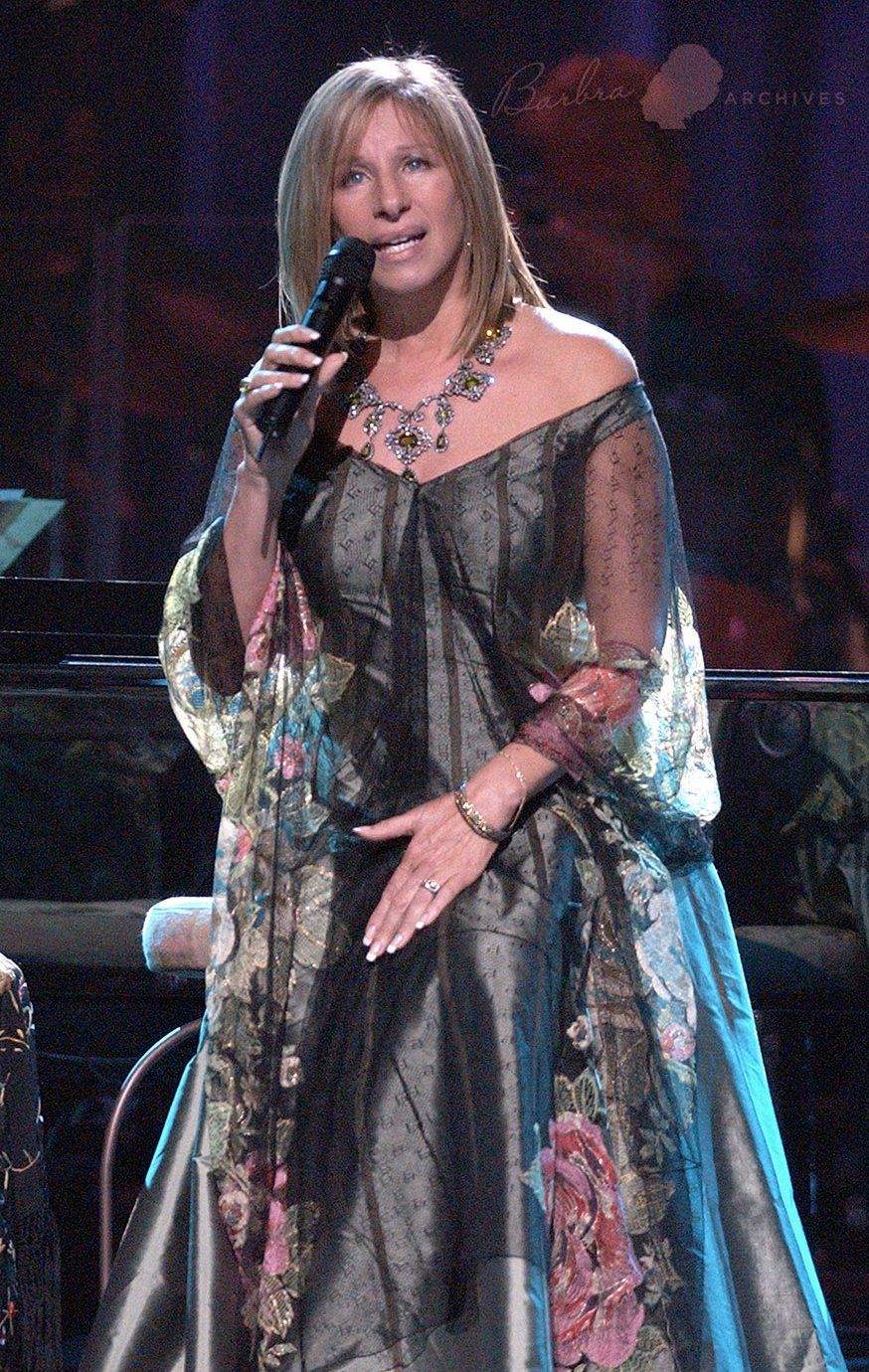 Streisand in beautiful gown singing for Democrats in 2002.