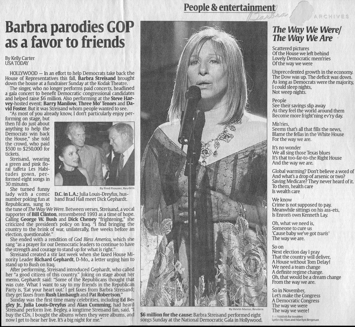Newspaper article on the Gala, which also printed the special lyrics Barbra sang to The Way We Were that night.