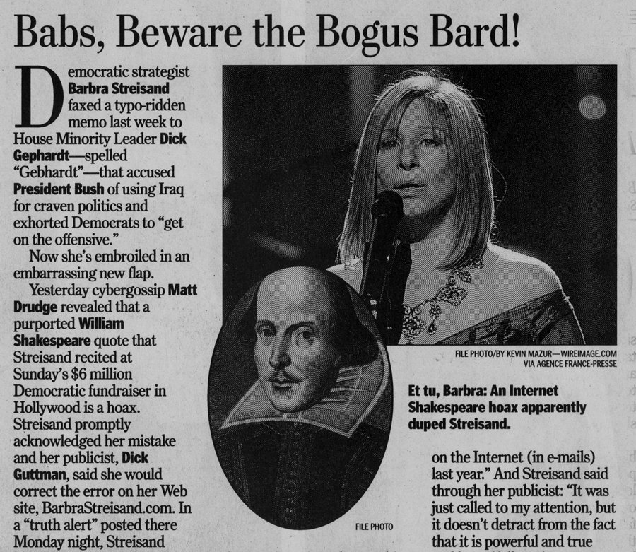 Newspaper clipping about Barbra misquoting the Bard.