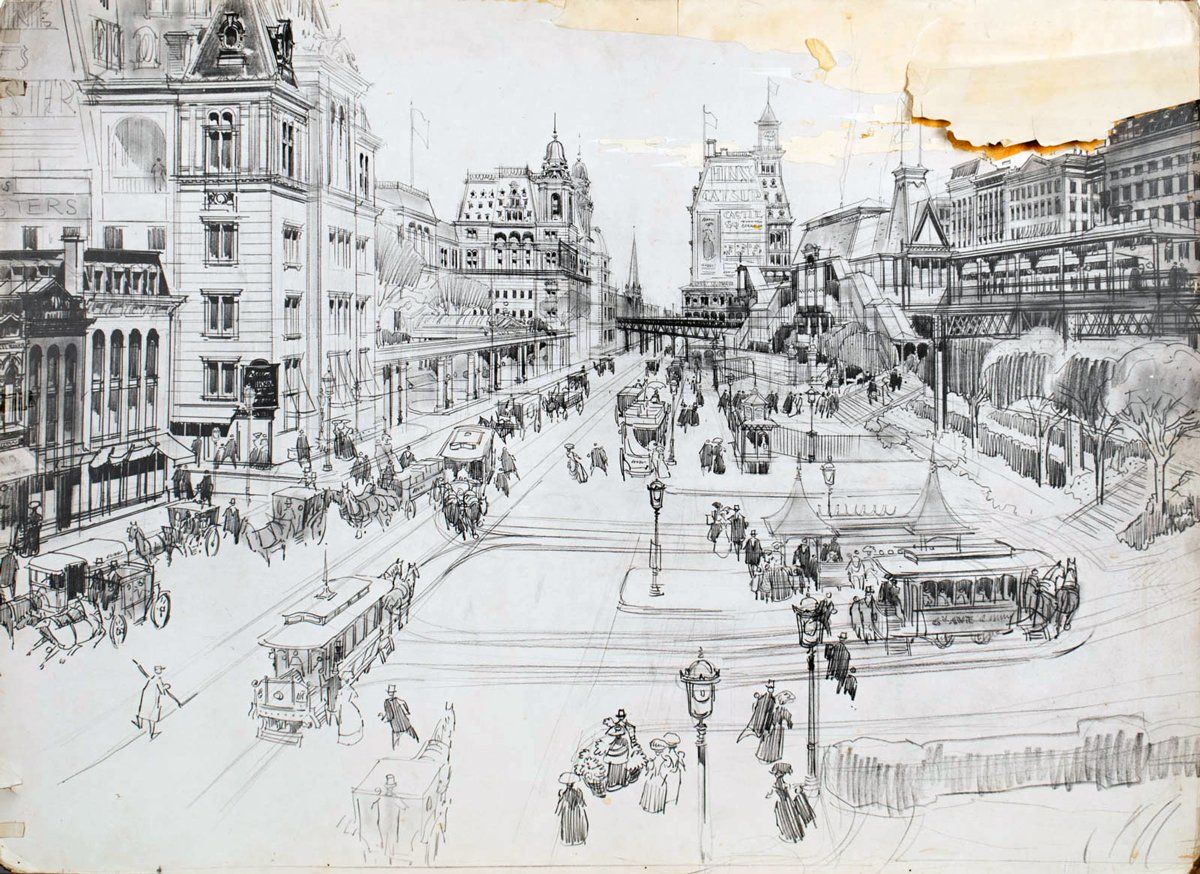 John Decuir line drawing of the enormous New York set