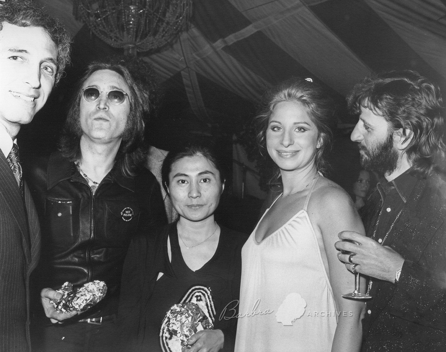 Daniel Ellsberg, John Lennon, Yoko Ono, Barbra Streisand, and Ringo Star together at a fundraiser for Ellsberg, 1973.