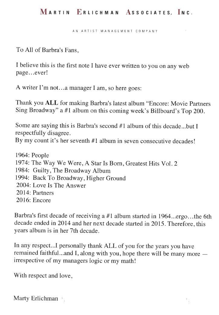 Marty Erlichman's letter to fans about Barbra's #1 album.