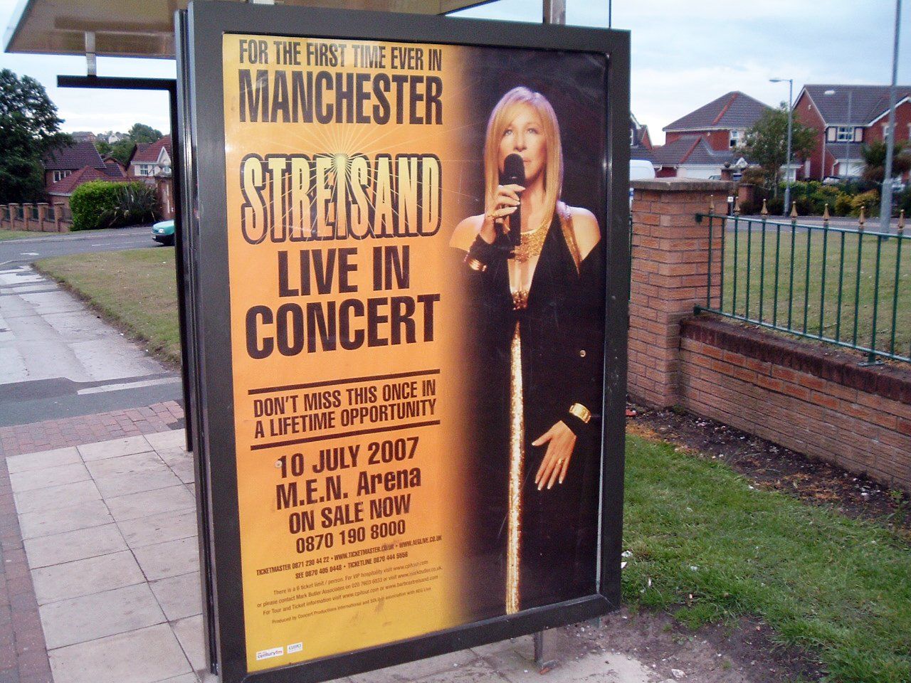 A poster for Streisand's Manchester show at a local bus stop.   Photo courtesey of Nathan