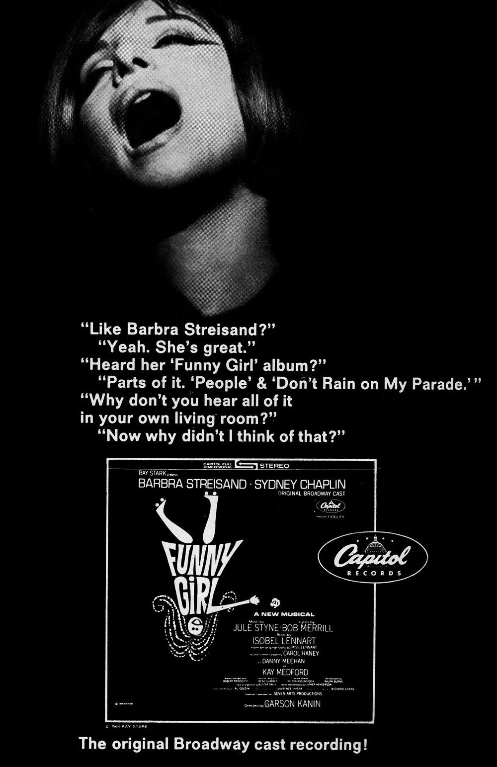 An ad for Streisand's Original Broadway Cast recording of Funny Girl.