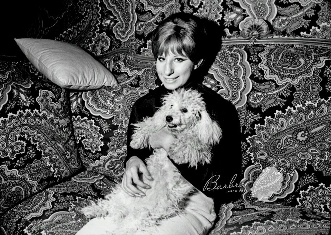 Streisand in dressing room with dog Sadie.  Photo by Harry Benson.