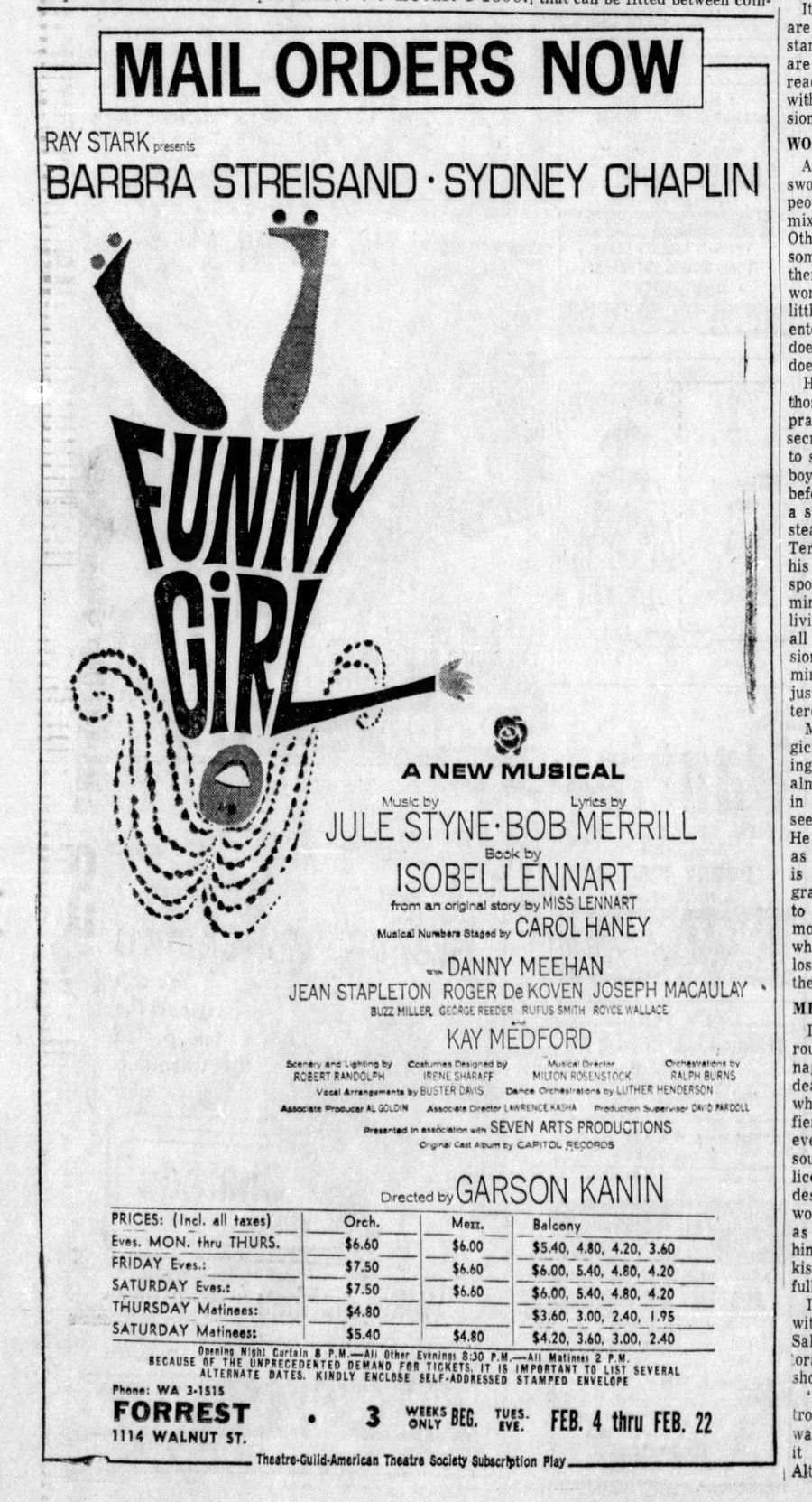 Newspaper advert for ticket mail orders for the Forrest Theatre previews of Funny Girl.