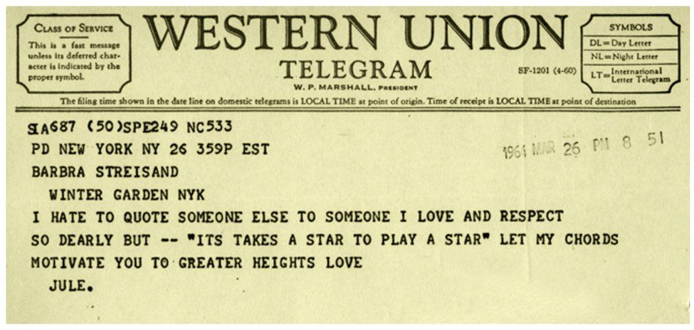 Telegram to Streisand from Jule Styne
