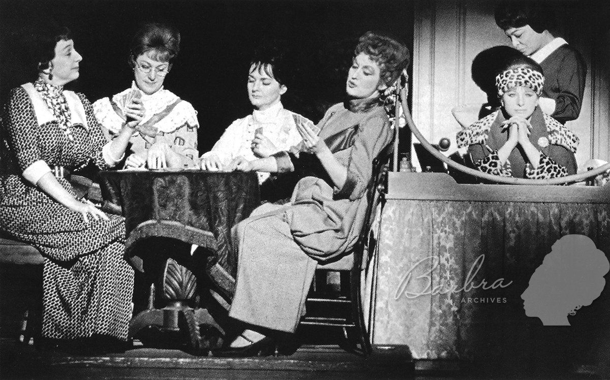 Split scene of Streisand in dressing room while the ladies of Henry Street play cards.