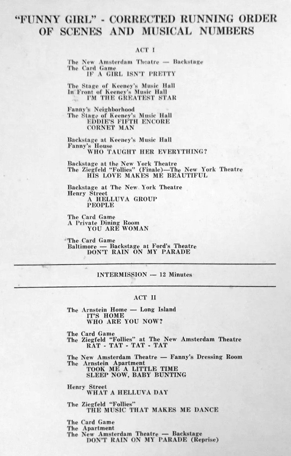 January 13, 1964 list of songs in Funny Girl.
