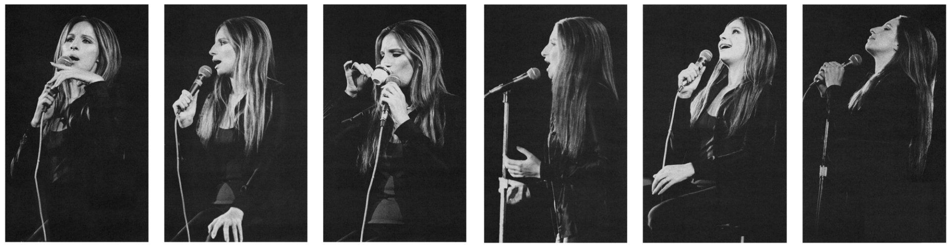 Six photos of Streisand singing live at the Forum, 1972.