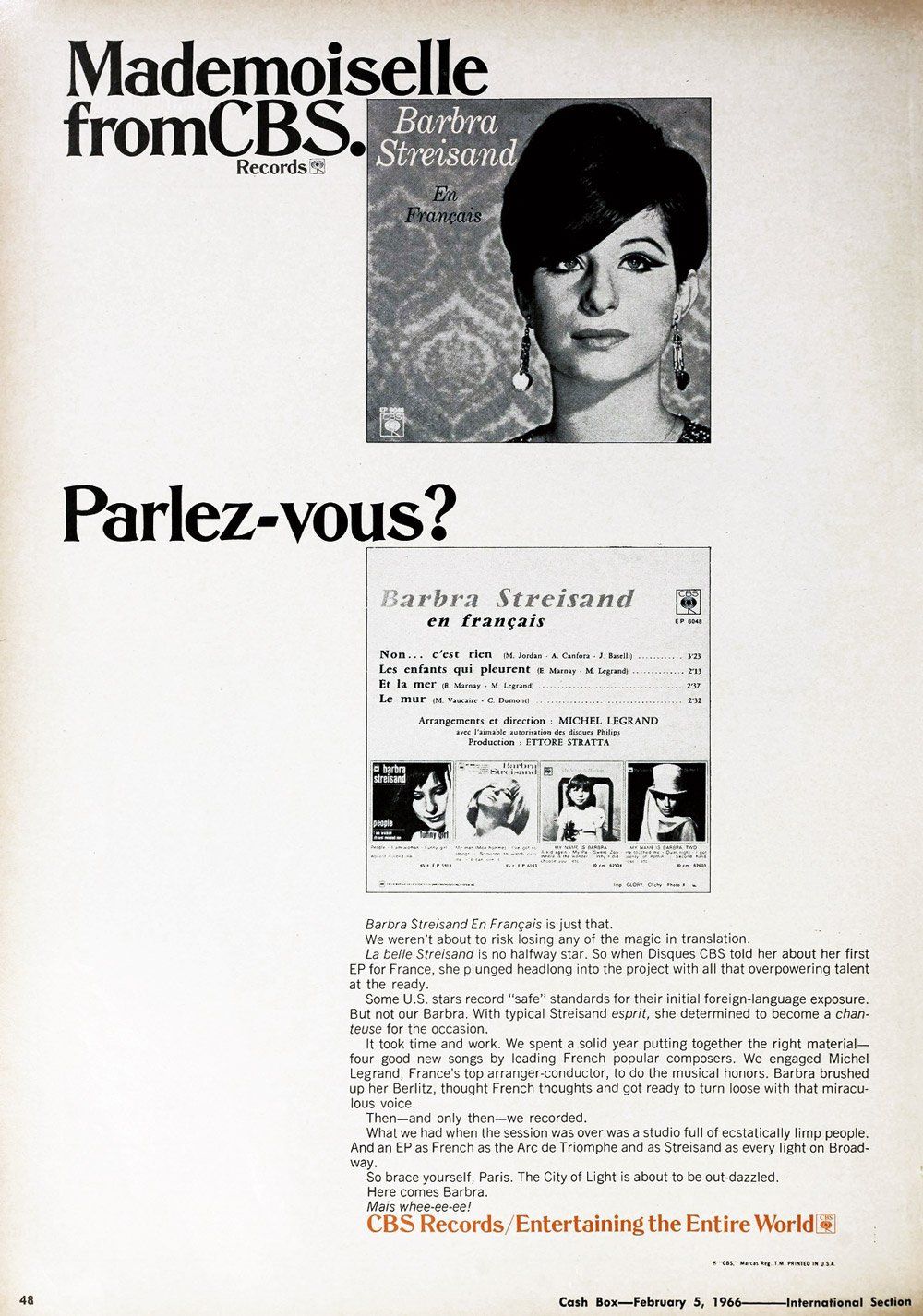 Ad which reads: Mademoiselle from CBS Records. Parlez-vous?