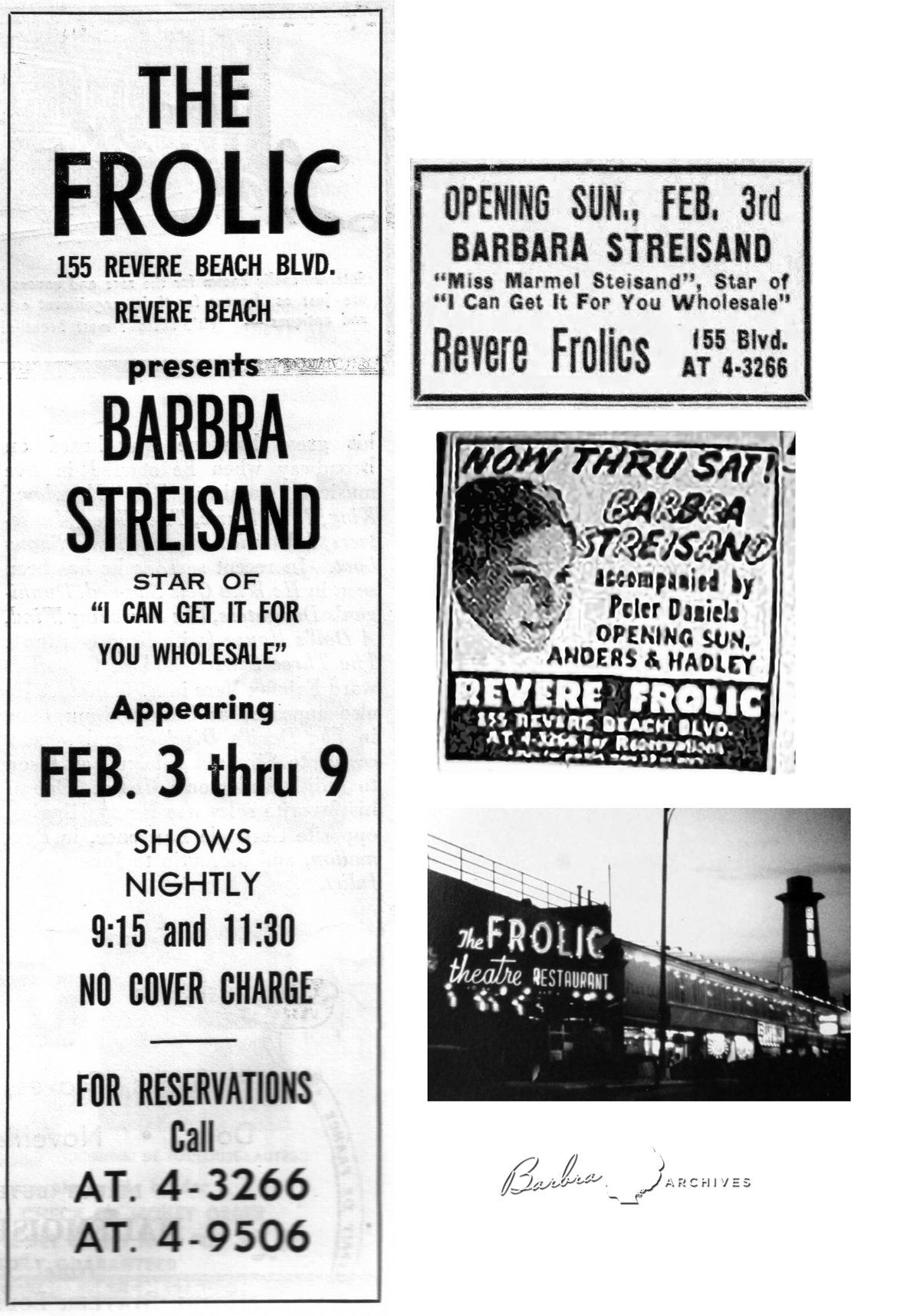 Newspaper ads for Barbra Streisand appearing at the Frolic in Revere, Mass.