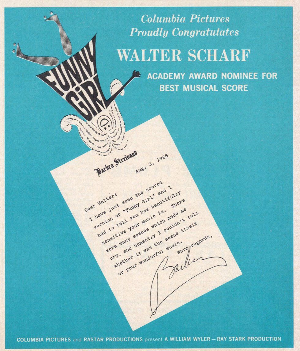 Industry ad featuring note to Walter Scharf from Barbra Streisand.
