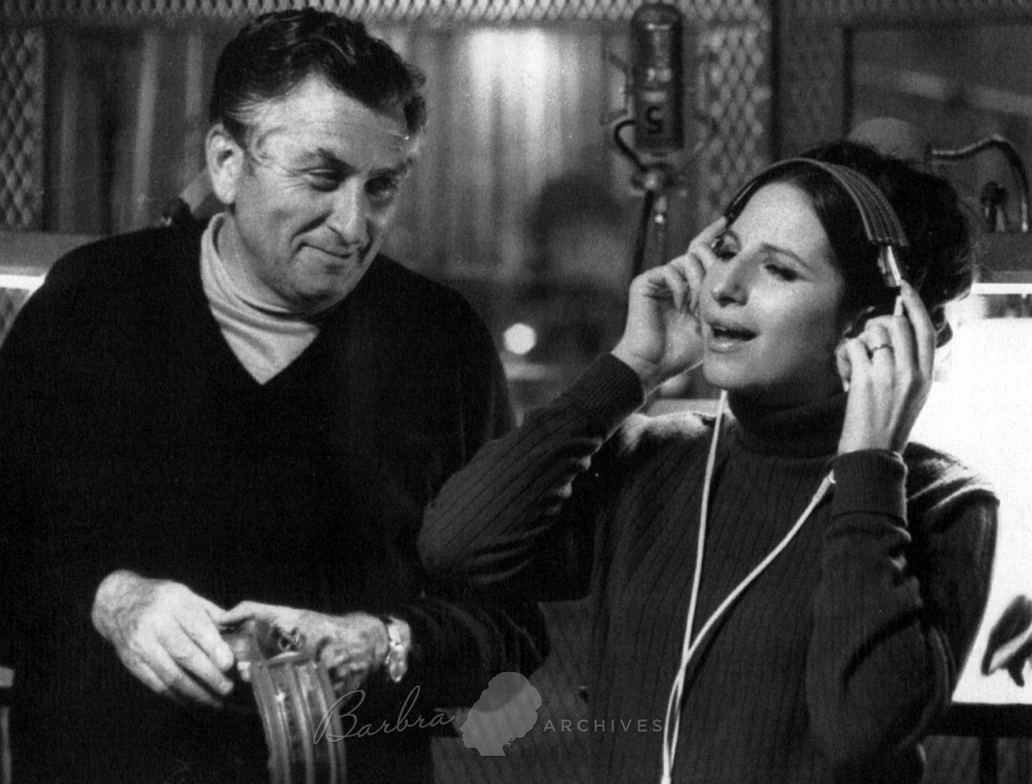 Walter Scharf and Streisand in the recording studio for Funny Girl.