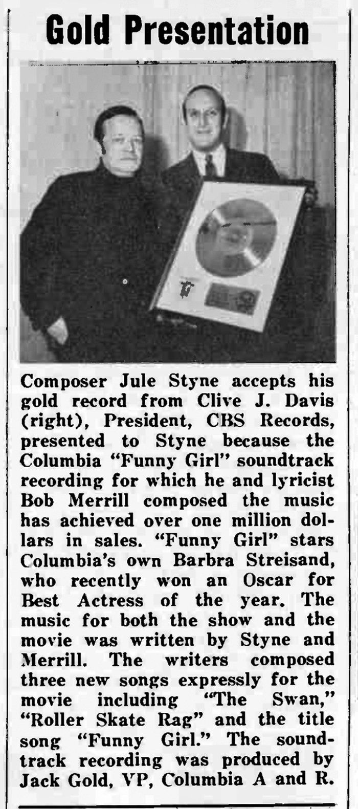 Article in which Clive Davis presents Jule Styne with a Gold Album award for Funny Girl