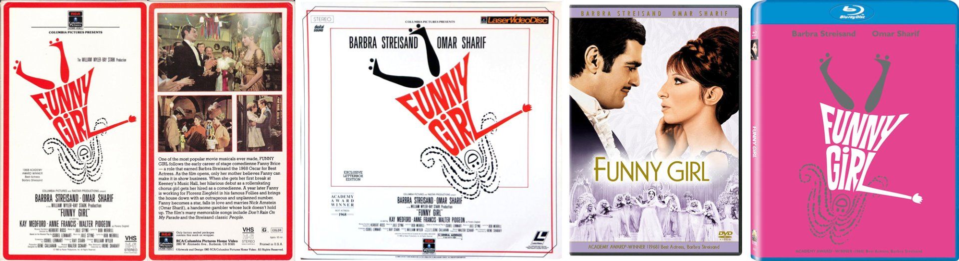 Photos of all the covers of the versions of Funny Girl: VHS, laserdisc, DVD and Blu-ray