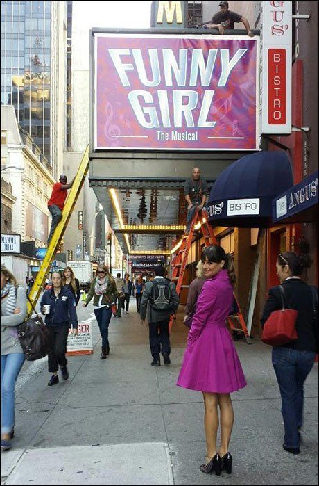 Lea Michele on location for GLEE, in which they hung a FUNNY GIRL marquee to film the storyline with Lea's character getting cast in the show.