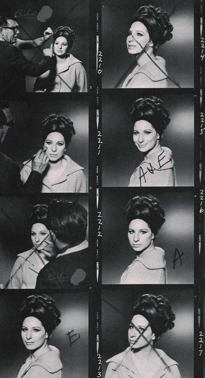 Photographic proof sheet of Streisand hair and makeup tests.